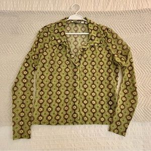 70s Style, Green Patterned Sheer Blouse